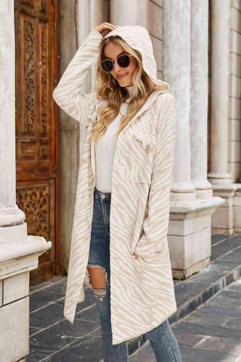 Double Take Printed Open Front Hooded Longline Cardigan