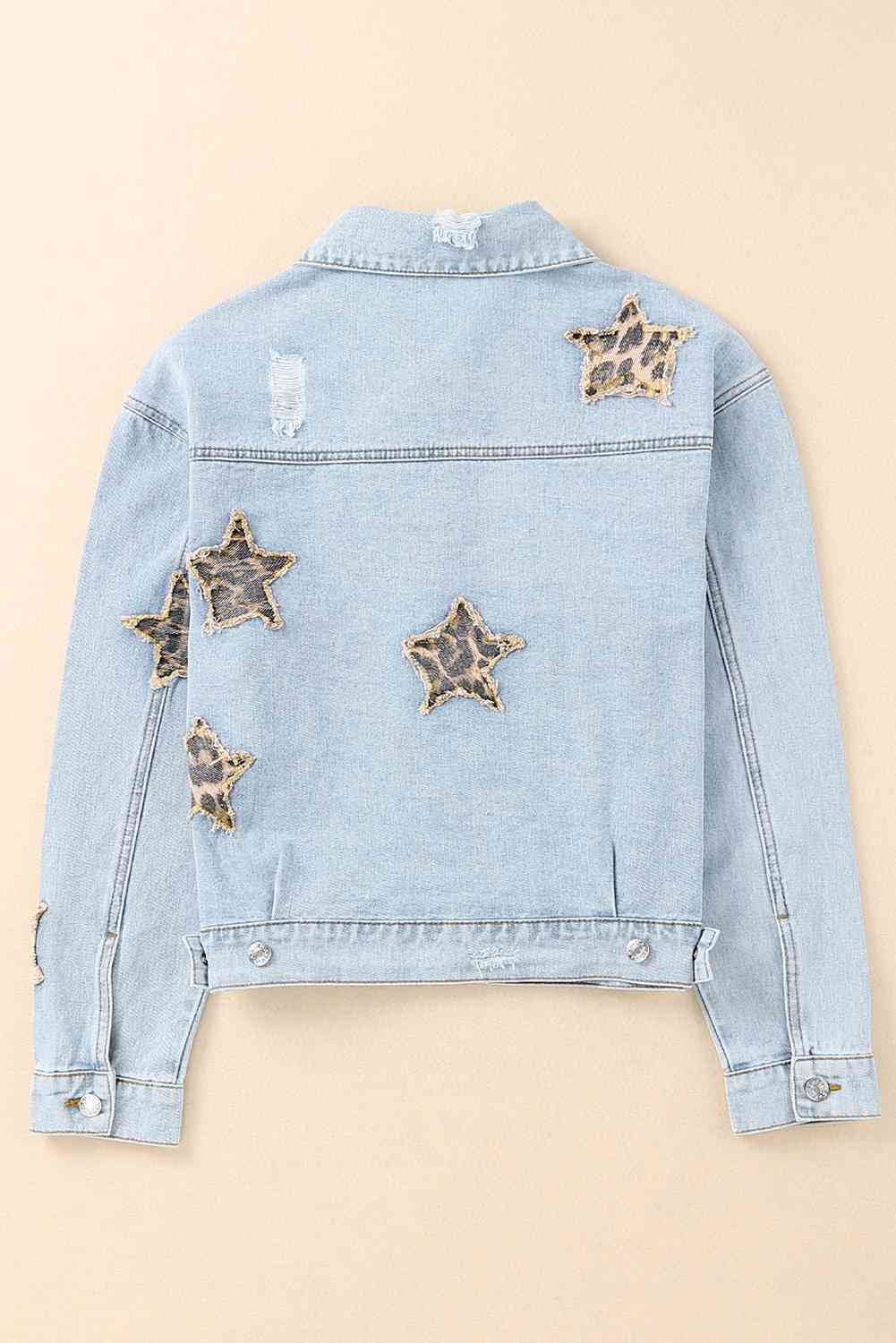 Leopard Star Applique Distressed Denim Jacket