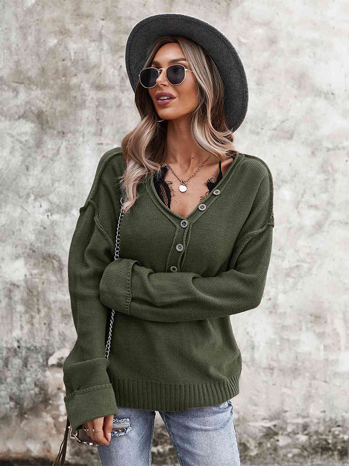 Buttoned Exposed Seam Knit Top