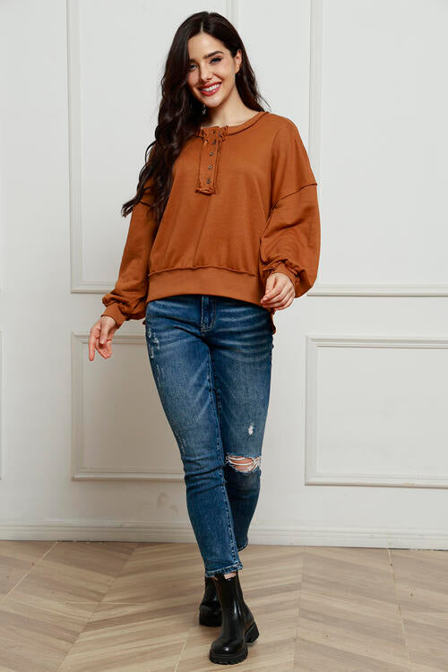 Exposed Seam Half Button Long Sleeve Sweatshirt