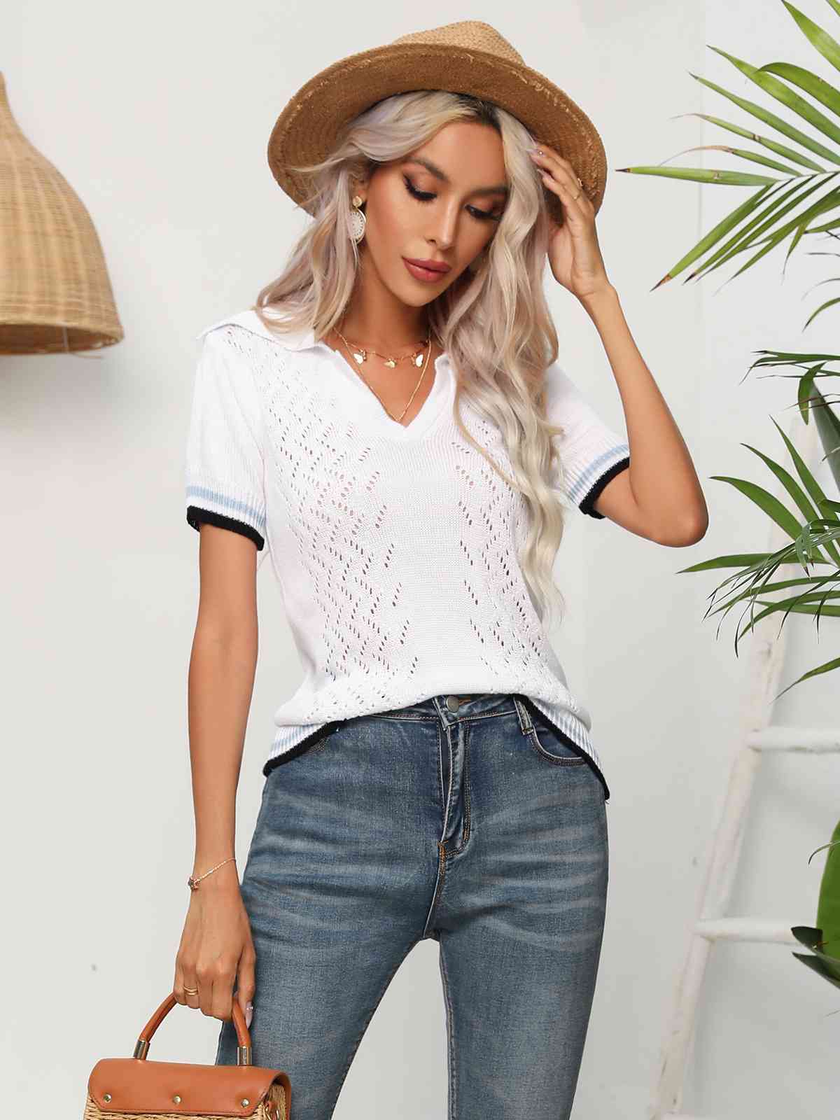 Johnny Collar Openwork Short Sleeve Knit Top