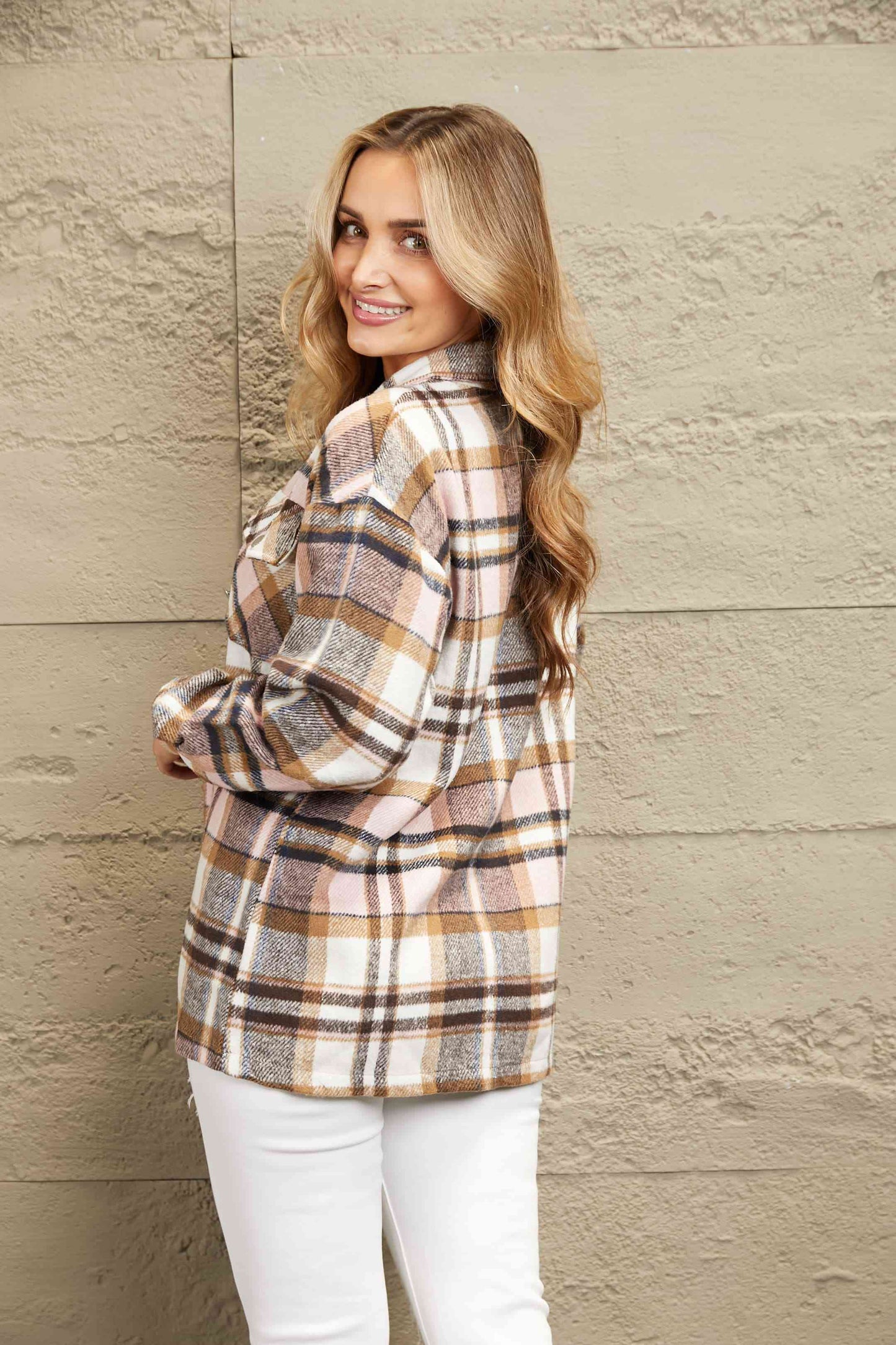 Double Take Plaid Button Front Shirt Jacket with Breast Pockets