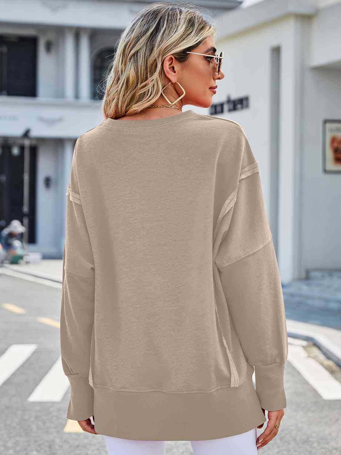 Exposed Seam High-Low Round Neck Sweatshirt