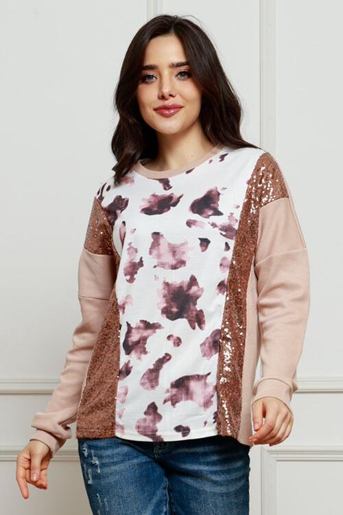 Sequin Animal Print Round Neck Sweatshirt