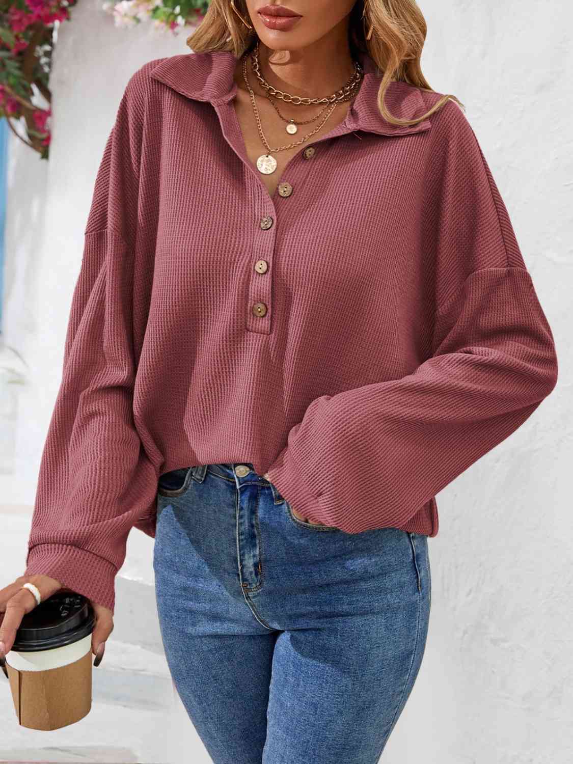 Half Button Collared Neck Long Sleeve Top