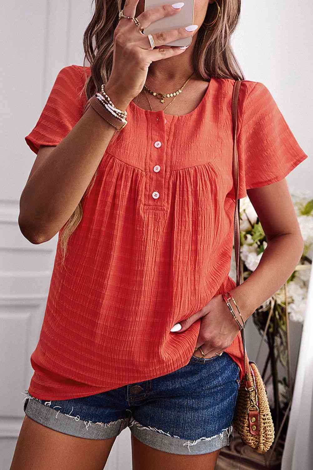 Quarter-Button Round Neck Short Sleeve Top