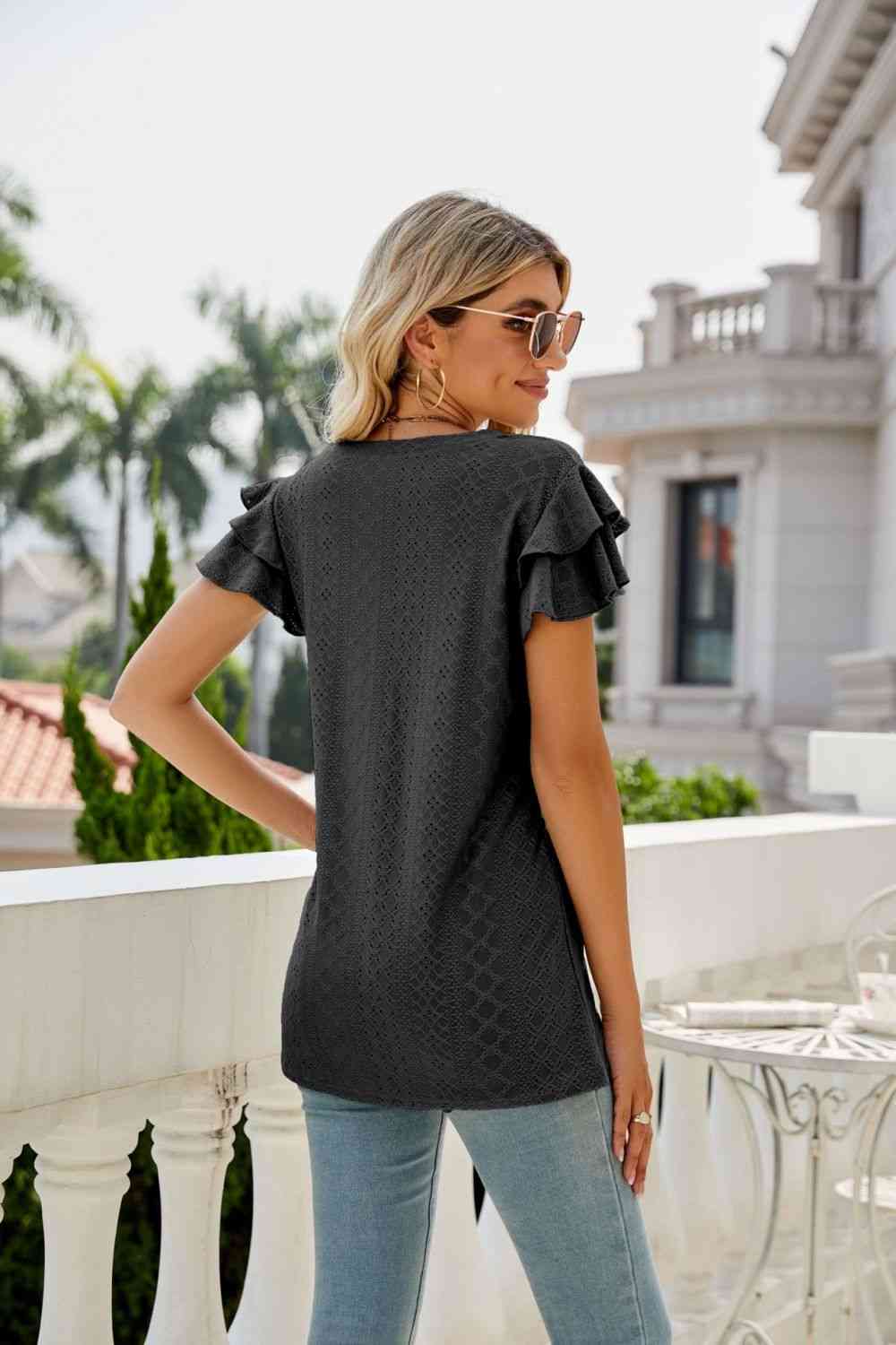 Eyelet Layered Flutter Sleeve V-Neck Top