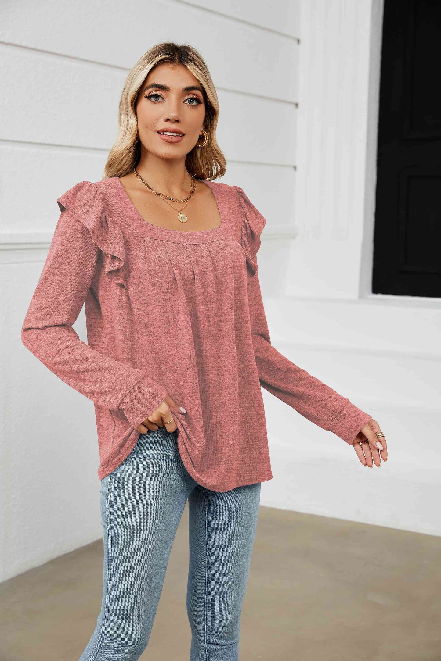 Square Neck Ruffle Shoulder Long Sleeve T-Shirt