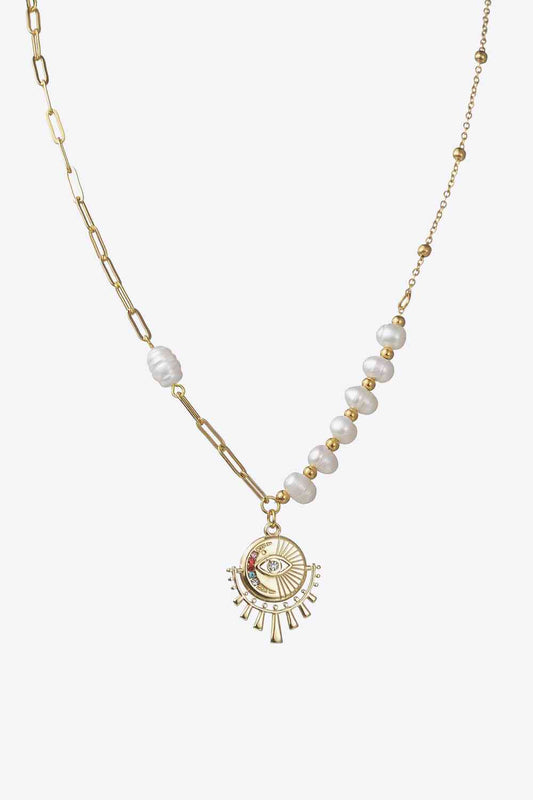 Evil Eye Pendant Pearl Stainless Steel Necklace