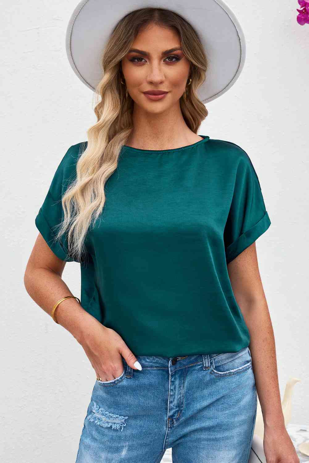 Round Neck Cuffed Sleeve Top