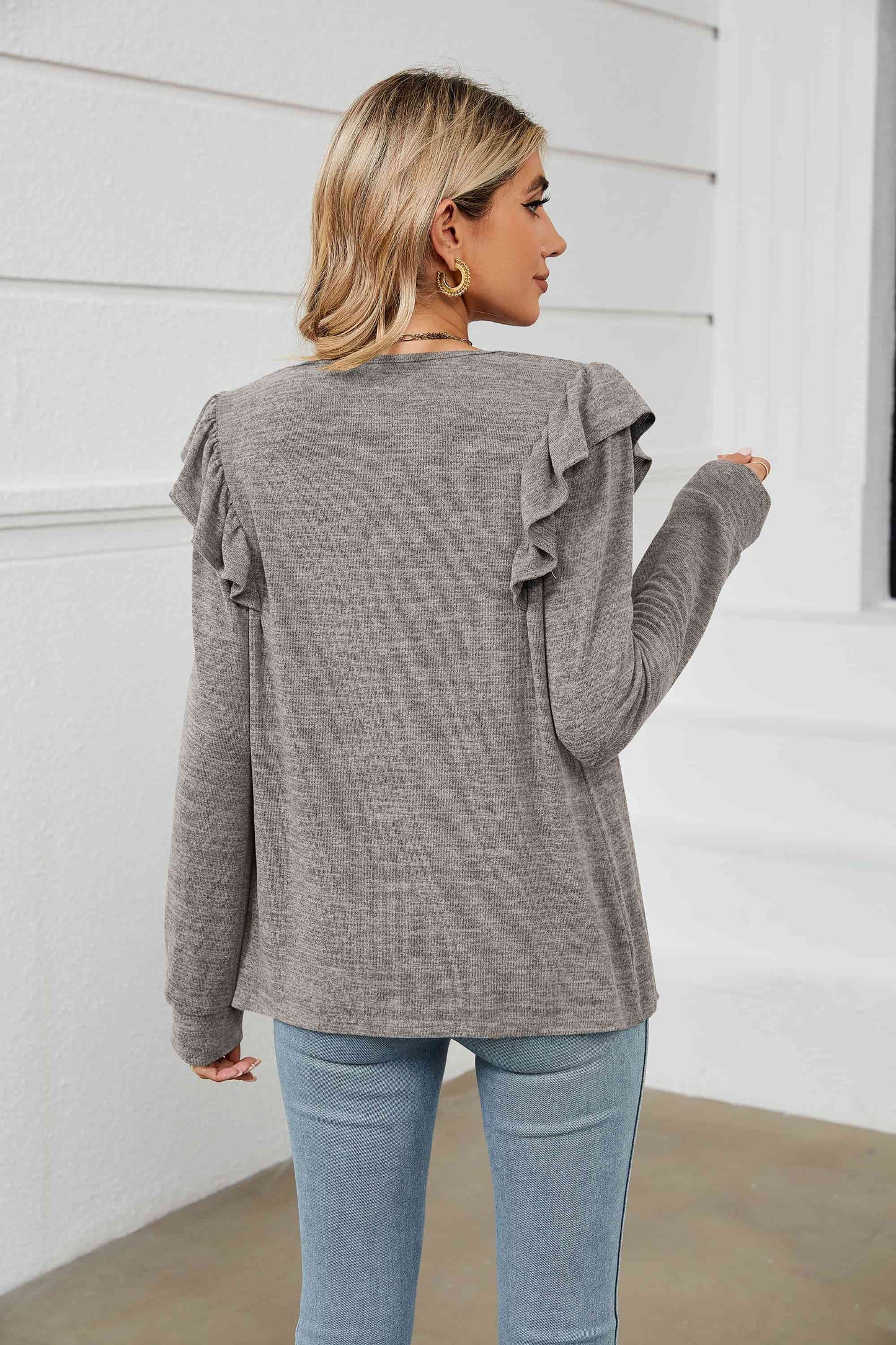 Square Neck Ruffle Shoulder Long Sleeve T-Shirt