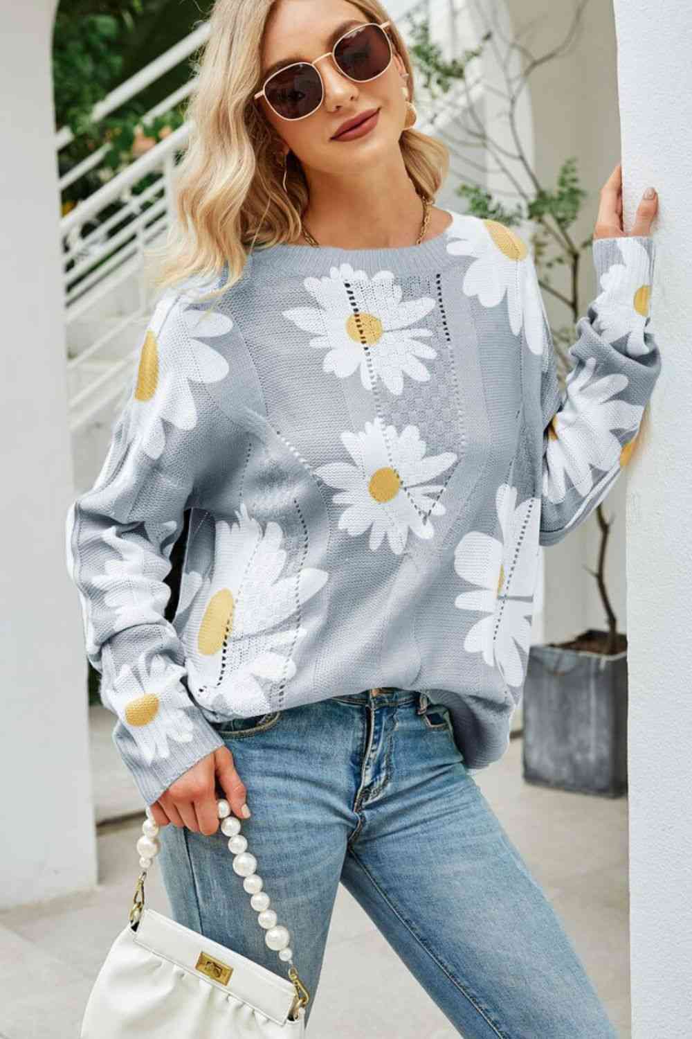 Daisy Print Openwork Round Neck Sweater