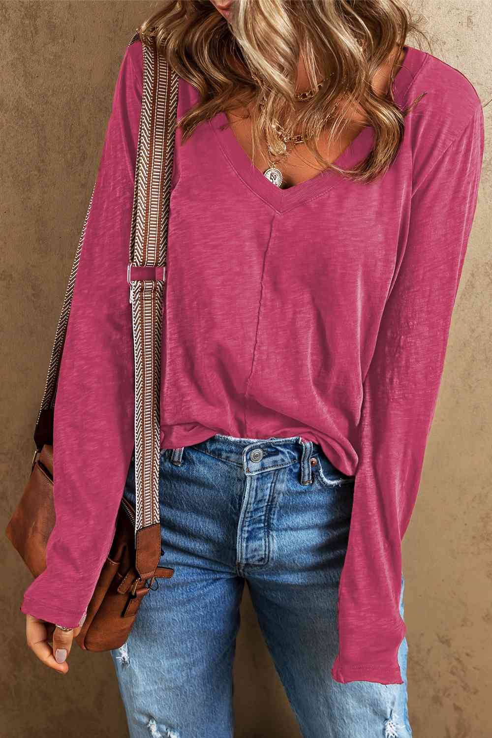 Exposed Seam V-Neck Long Sleeve T-Shirt