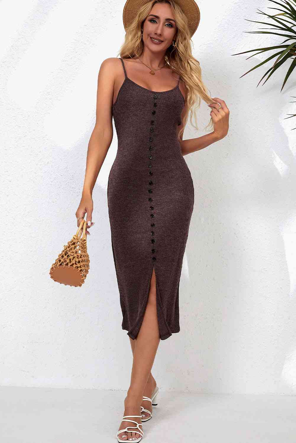 Decorative Button Slit Midi Dress