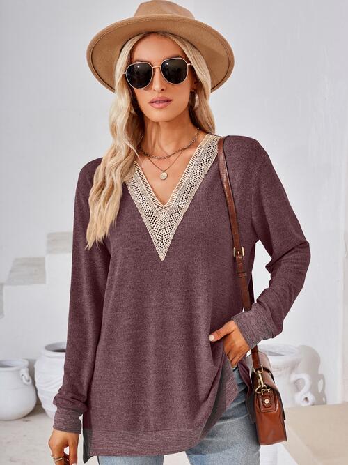 Crochet Contrast V-Neck Long Sleeve Slit T-Shirt