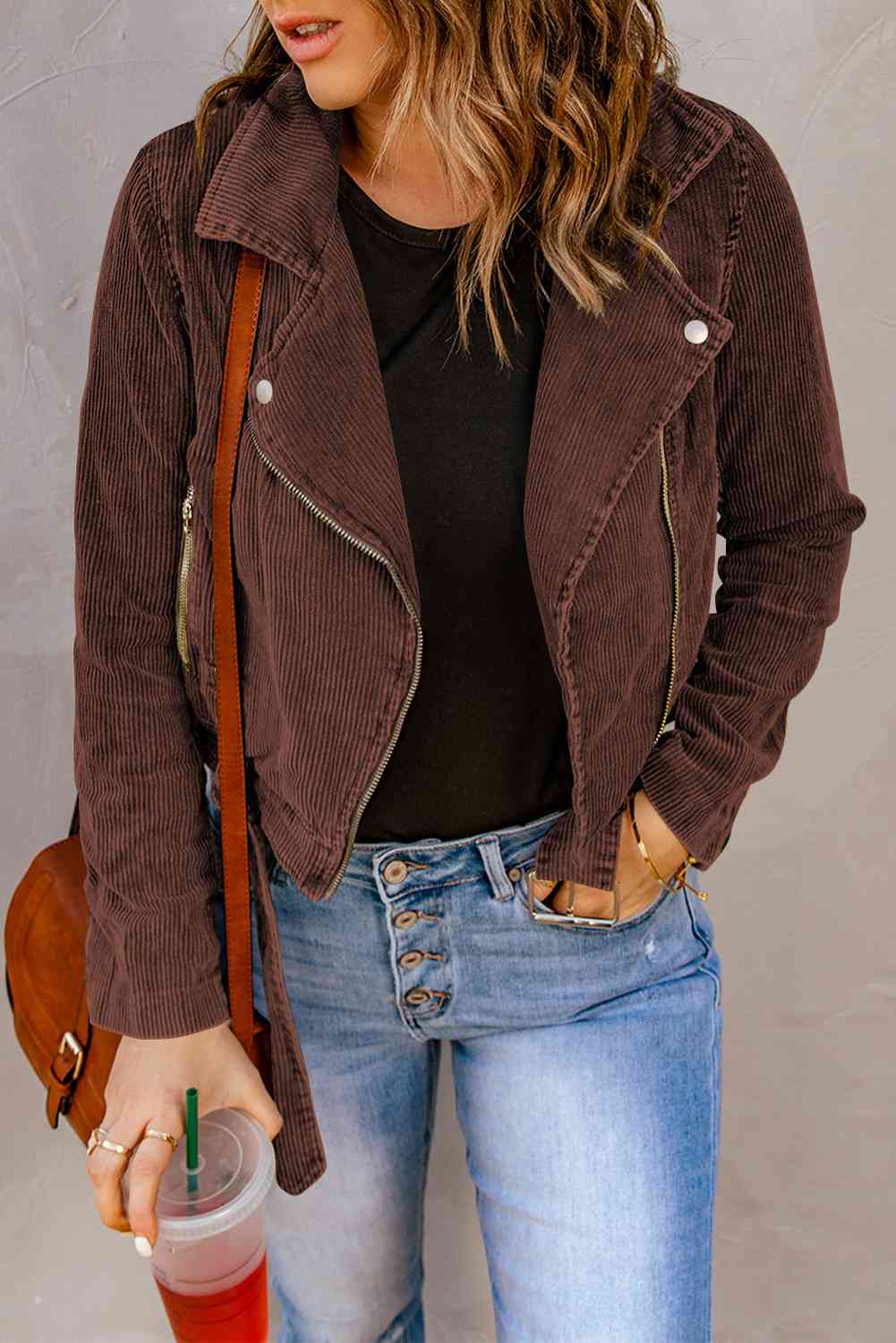 Belted Zip-Up Corduroy Jacket