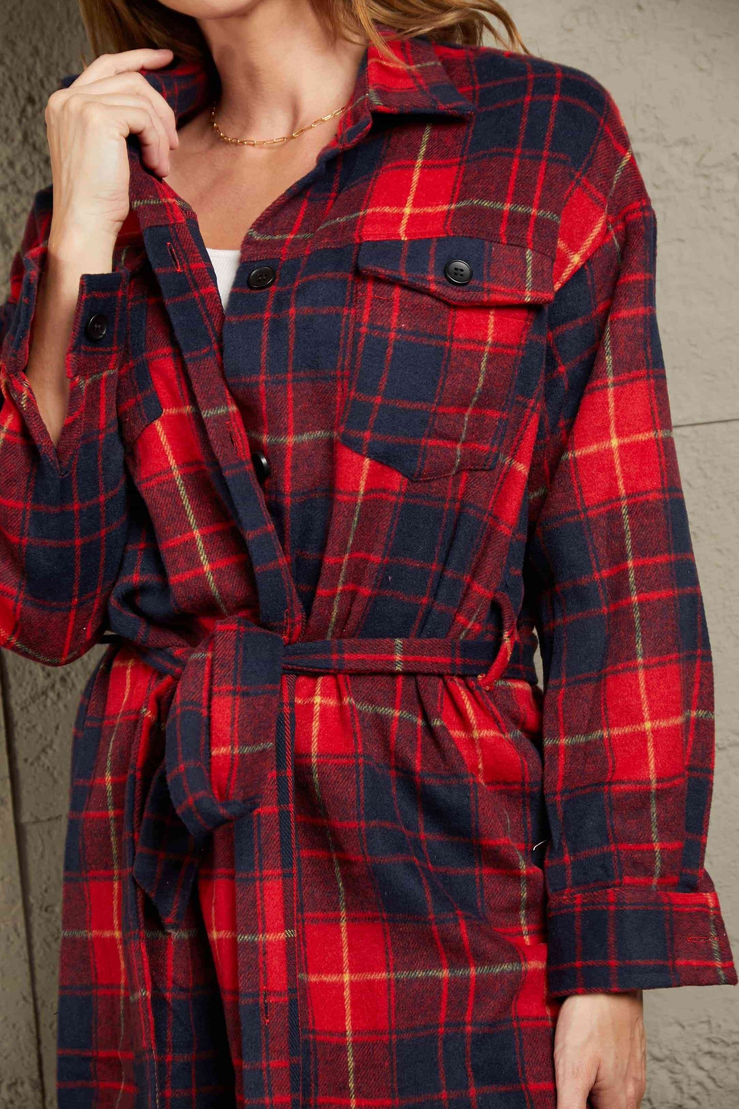 Double Take Plaid Belted Button Down Longline Shirt Jacket