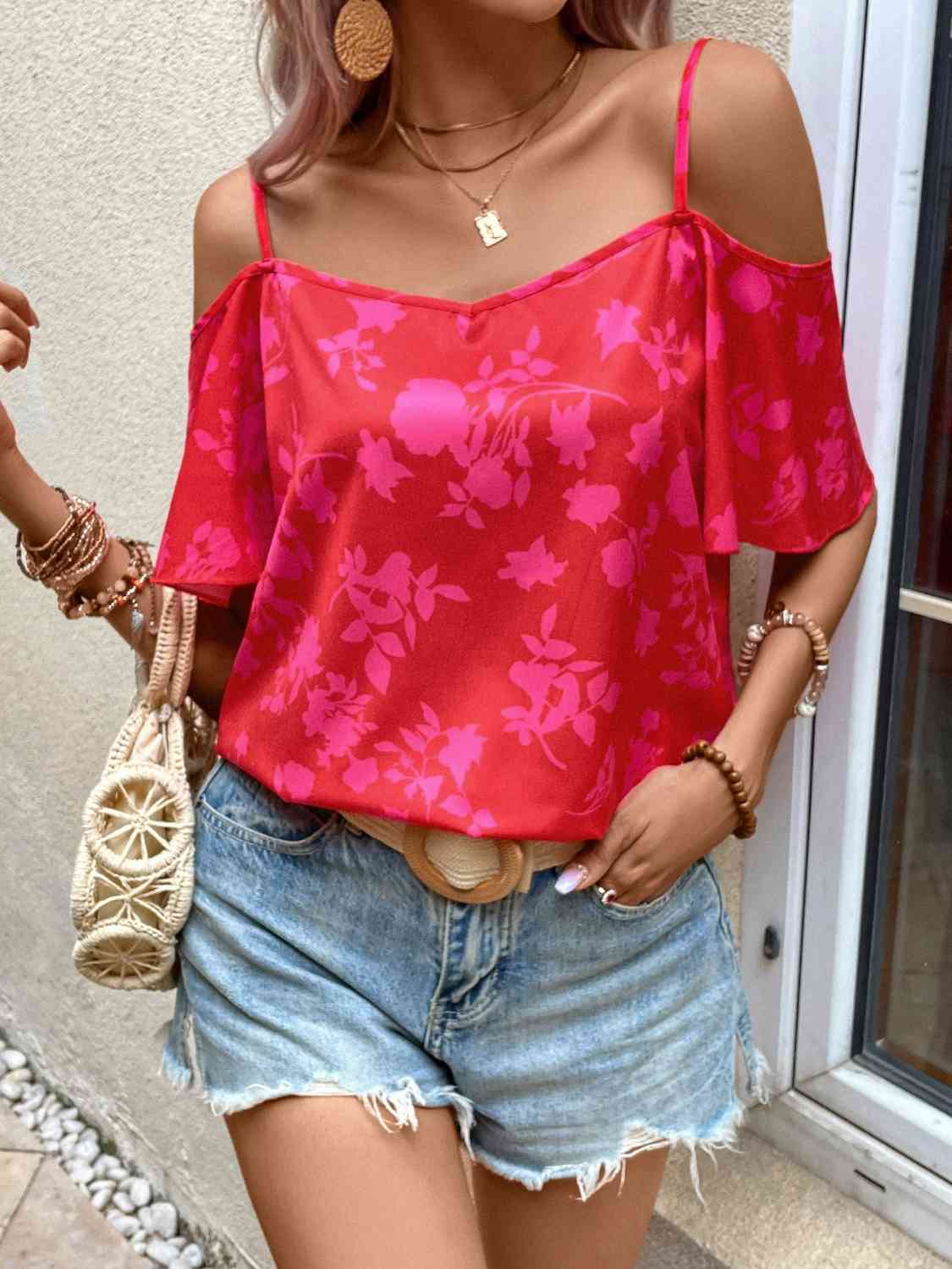 Cold Shoulder Short Flare Sleeve Blouse