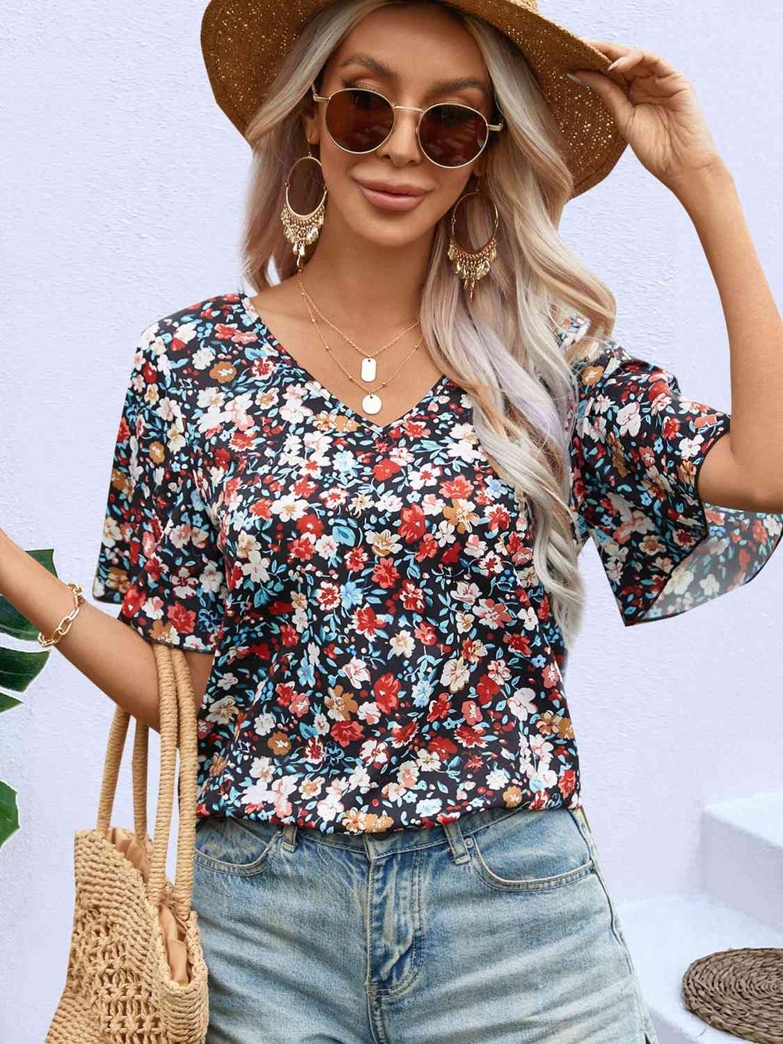 Floral Tie Back Lace Detail Short Sleeve Blouse