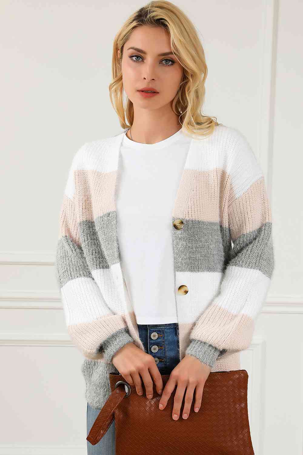 Striped ButtonUp V-Neck Long Sleeve Cardigan