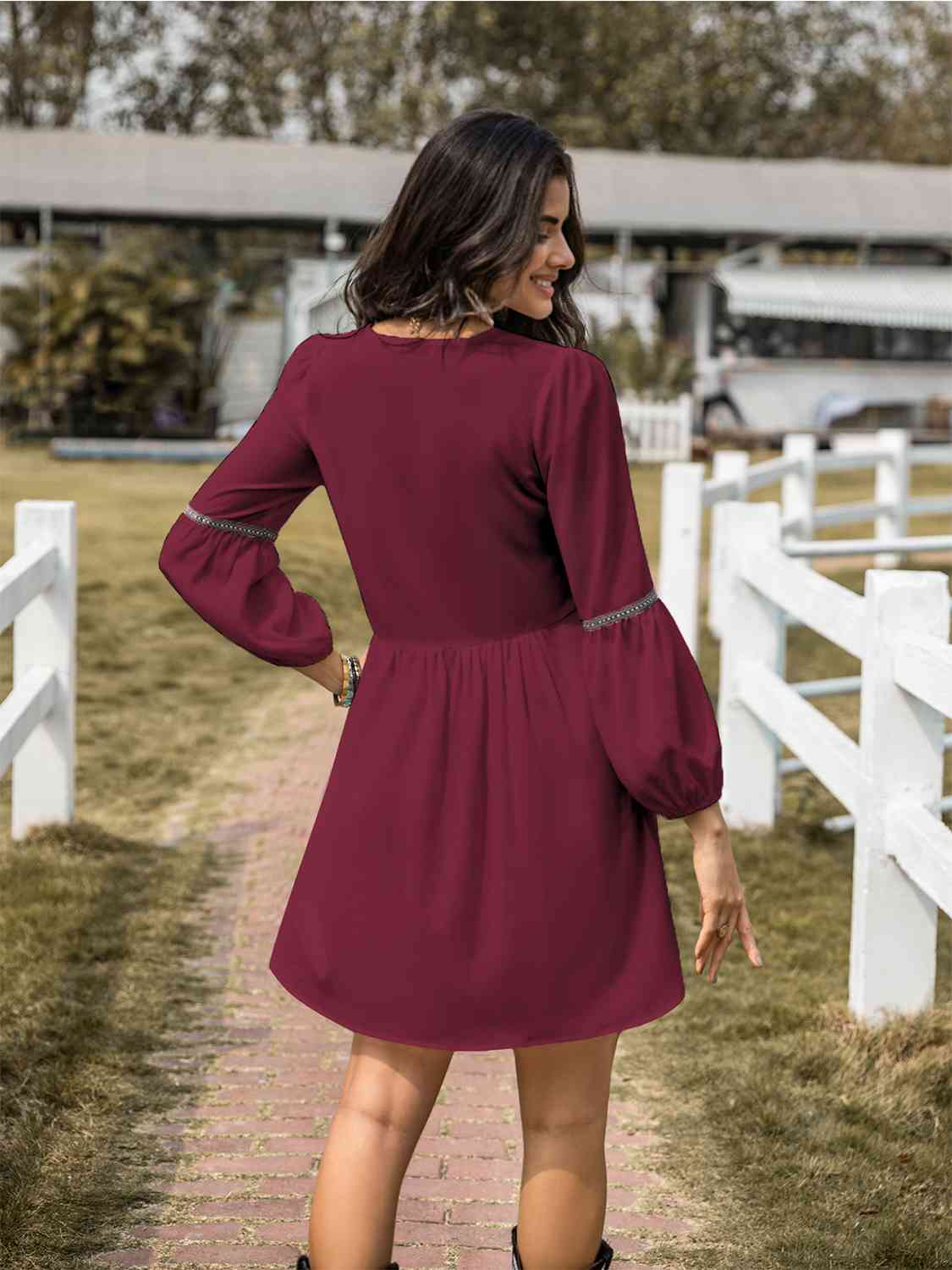 Notched Balloon Sleeve Mini Dress