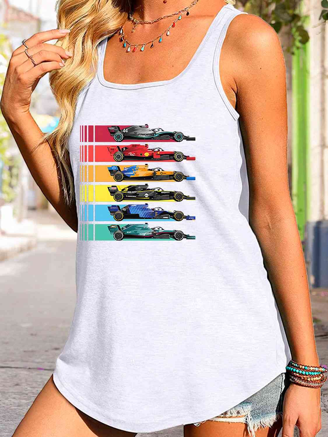 Scoop Neck Race Car Graphic Tank Top