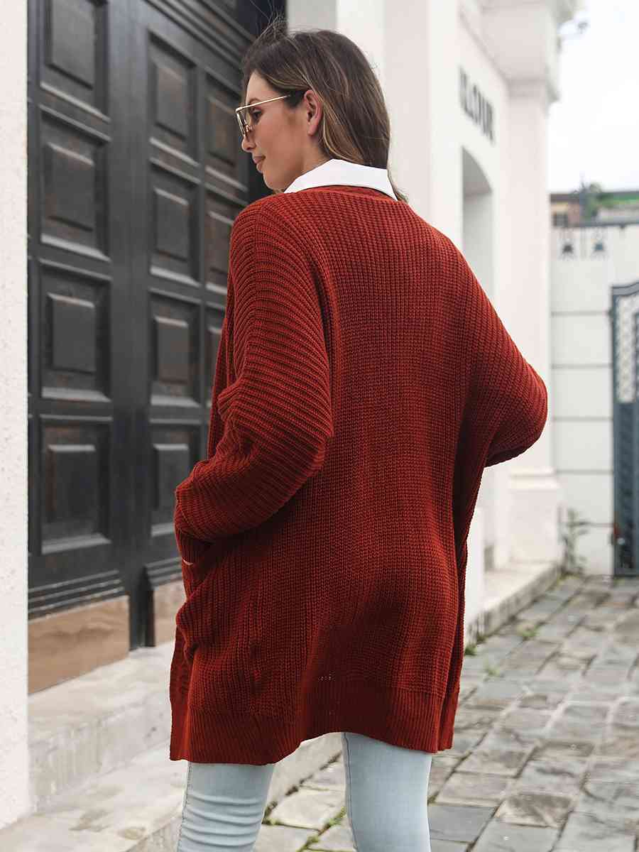 Open Front Rib-Knit Cardigan with Pockets