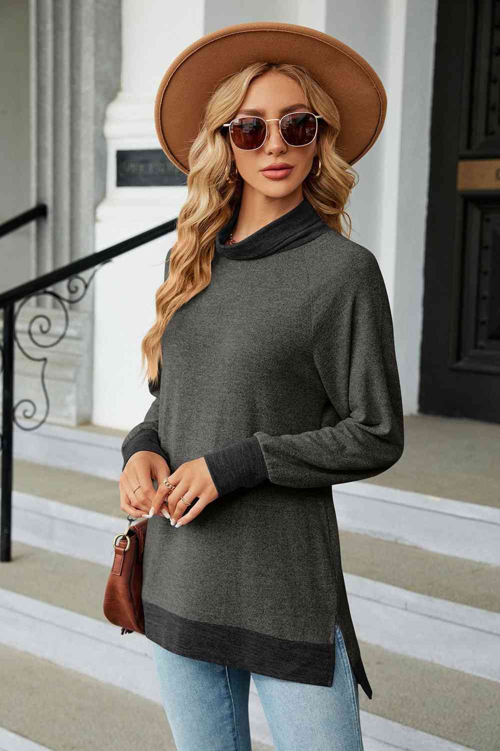 Turtle Neck Long Sleeve Slit Blouse