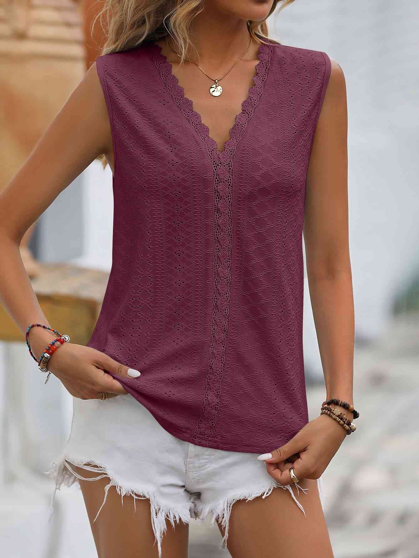 Spliced Lace V-Neck Sleeveless Tank