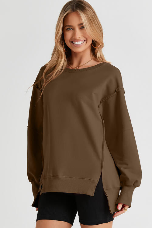 Exposed Seam Long Sleeve Slit Sweatshirt